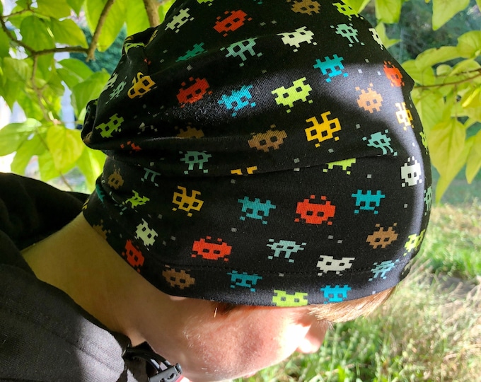 Space invaders Slouchy Hat for Hot and Cold Weather, Chemo Sleeping Hat, Kids Hat, Mens Baggy Beanie, Hipster Fashion, Kids Hat