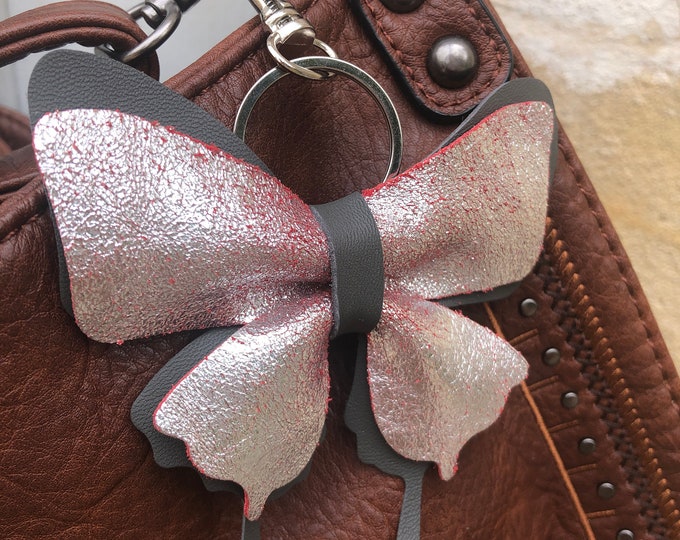 Grey Silver Leather Butterfly Keychain, Butterfly Purse Charm, Butterfly Bag Charm, Leather Butterflies Ornament, Key Chain, Mother's Day