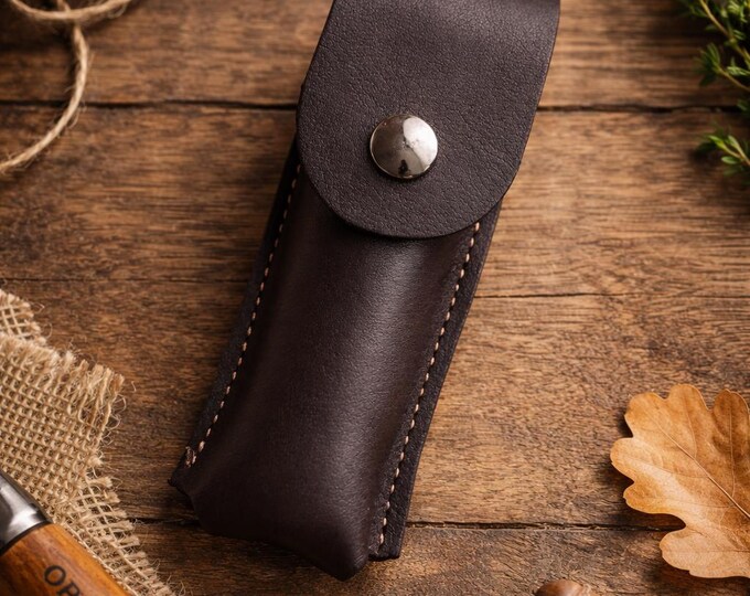 Leather Knife Holder Holster – Compatible with Opinel Folding Knives – Handmade Leather Sheath – Cognac or Dark Chocolate