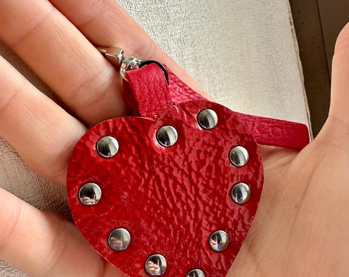 Red leather heart keyring/handbag charm, mother's day gift, studs keyring
