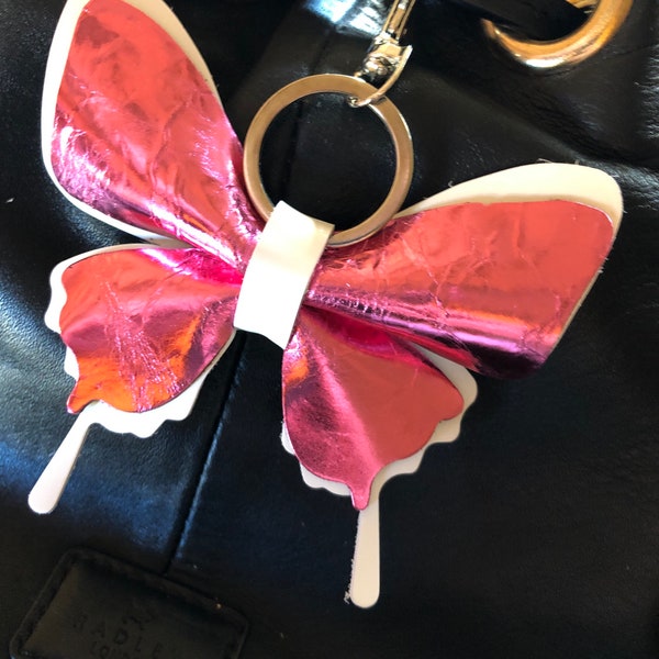 Pink white Leather Butterfly Keychain, Butterfly Purse Charm, Butterfly Bag Charm, Leather Ornament, Christmas, Key Chain, Mother's Day