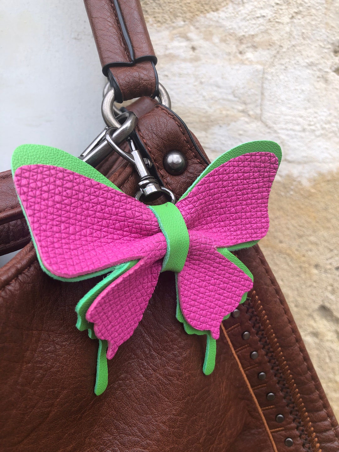 Pink and Green Leather Butterfly Keychain, Butterfly Purse Charm, Butterfly Bag Charm, Leather