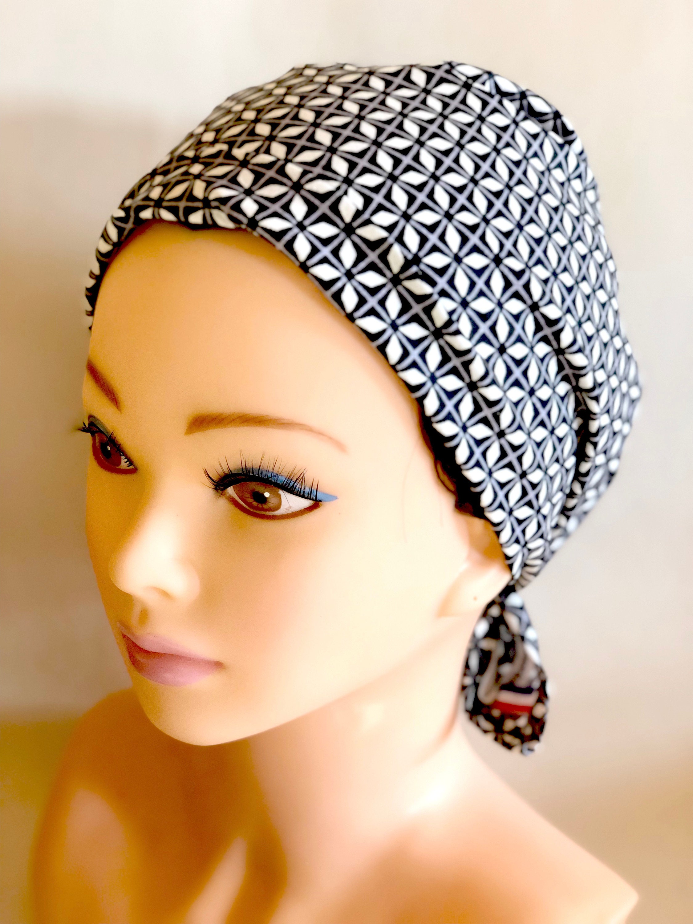 Black Grey and White Bandana, Chemo Headwear Women, Head Scarf for Cancer Patients, Hair Wrap