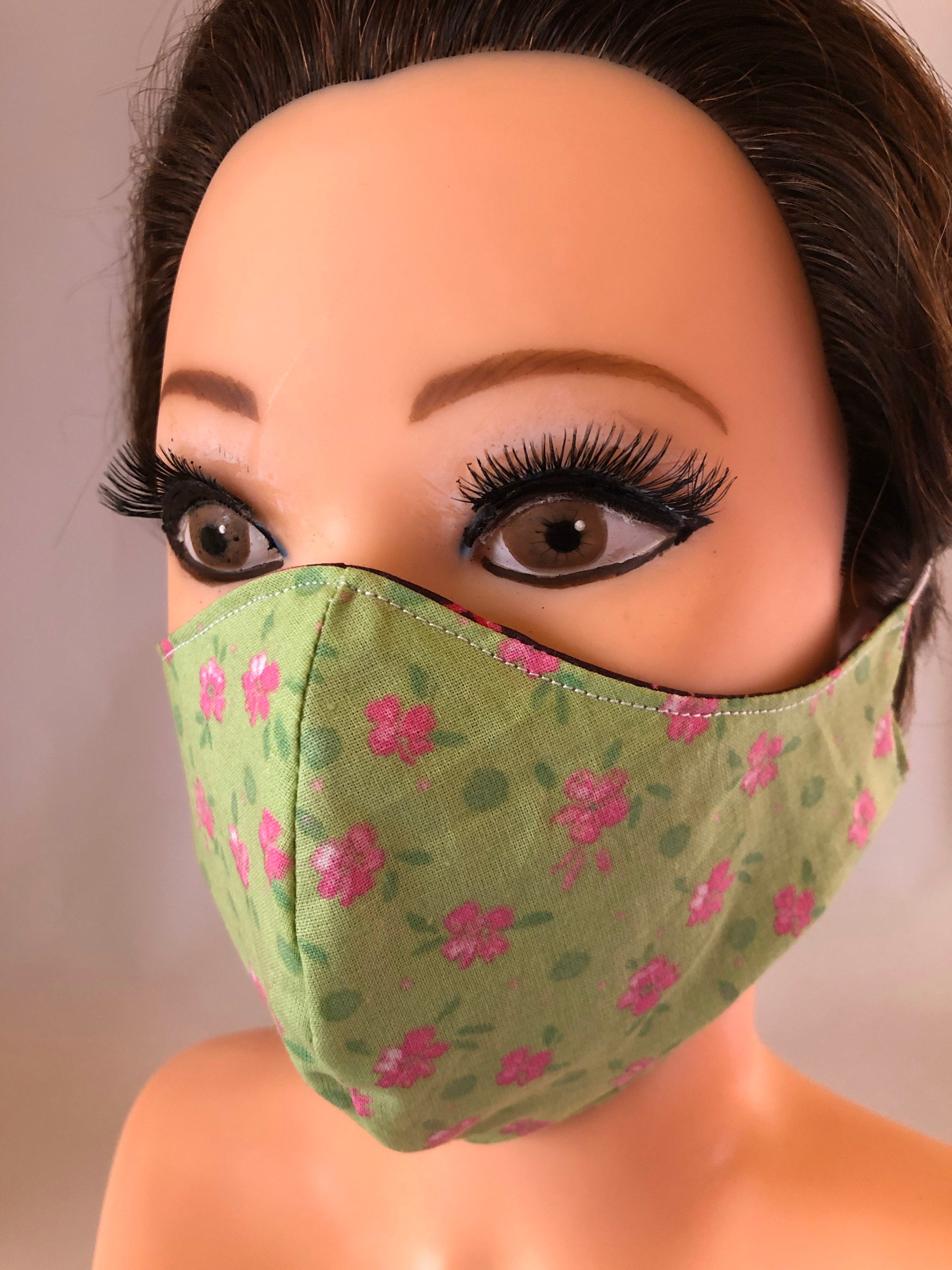 Washable, Reversible Cotton Face Mask Flowers on green and burgundy