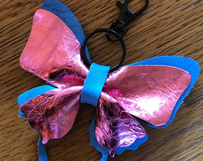 Blue pink Leather Butterfly Keychain, Butterfly Purse Charm, Butterfly Bag Charm, Leather Ornament, Christmas, Key Chain, Mother's Day