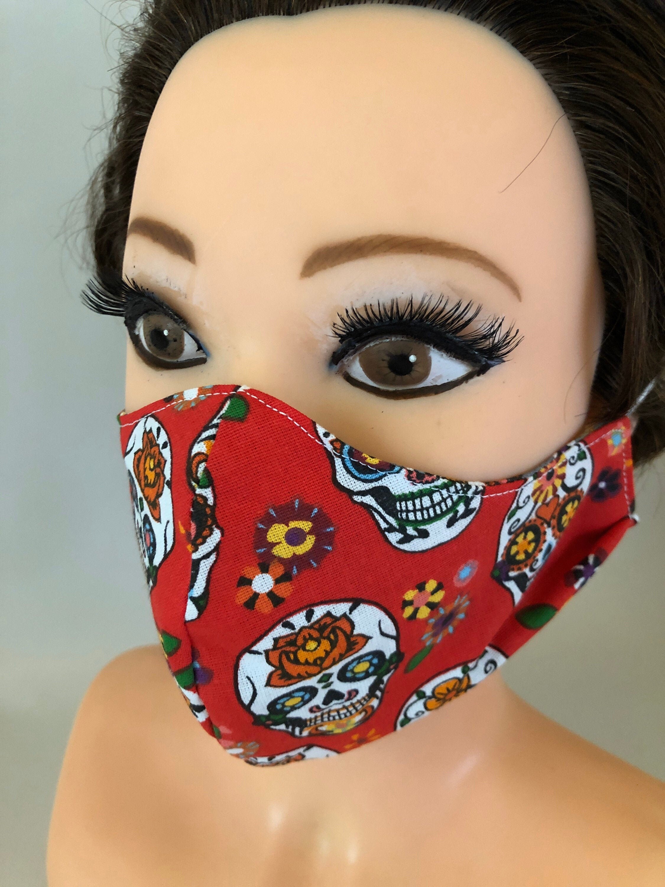 Washable, Reversible Cotton Face Mask Skulls red and grey