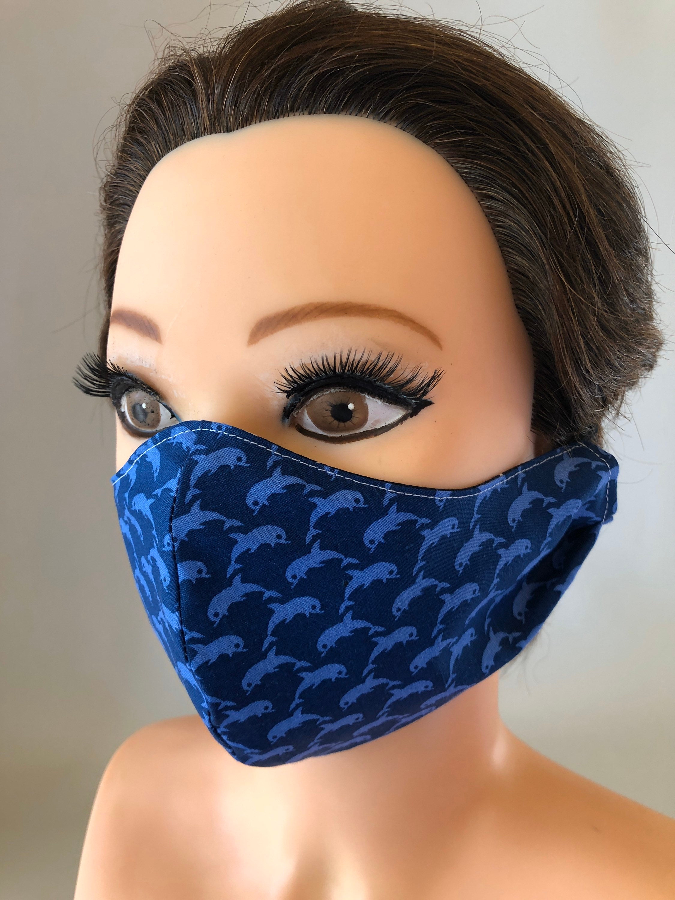 Washable 3 layers, Reversible Cotton Face Mask Dolphins and dark blue