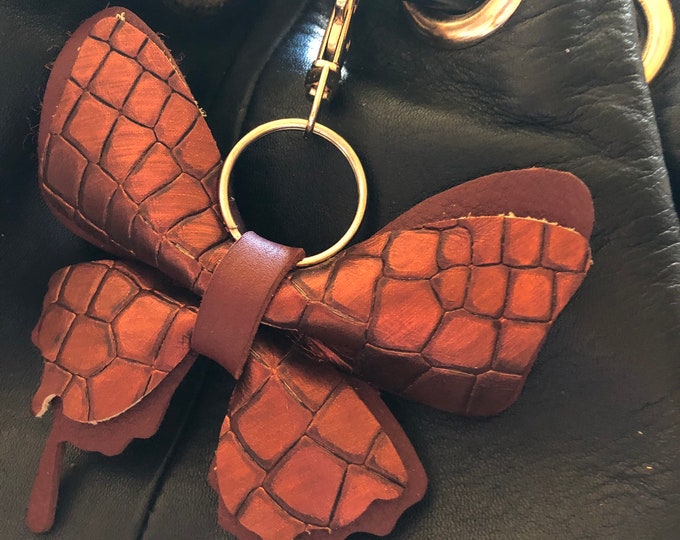 Brown croco Leather Butterfly Keychain, Butterfly Purse Charm, Butterfly Bag Charm, Leather Ornament, Christmas, Key Chain, Mother's Day