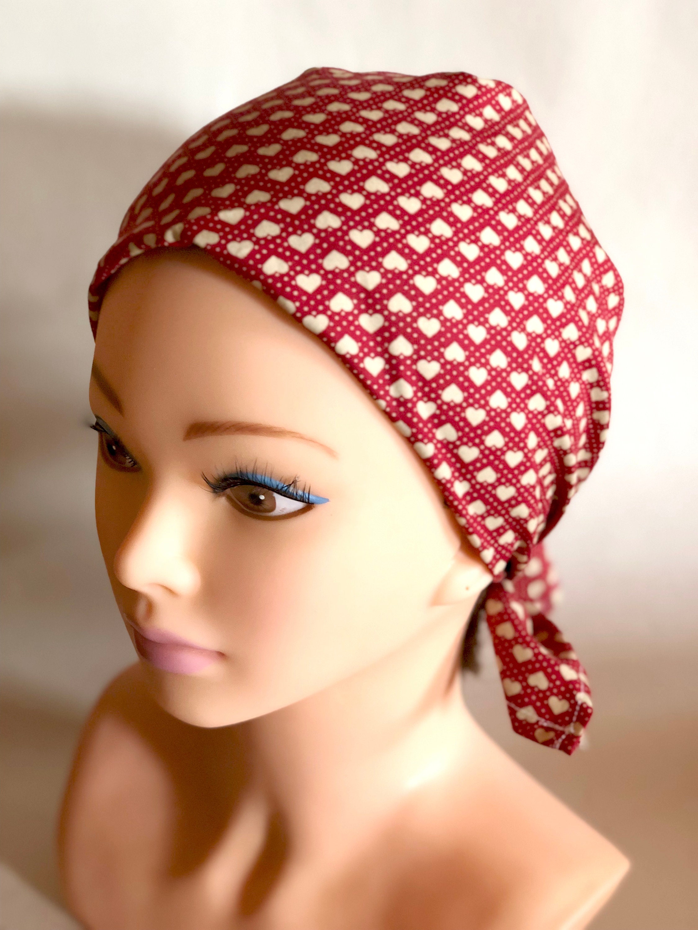 Hearts Red and White Bandana, Chemo Headwear Women, Head Scarf for Cancer Patients, Hair Wrap