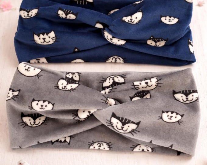 Cats Fleece Knotted Headband, Blue and Grey Turban Headband