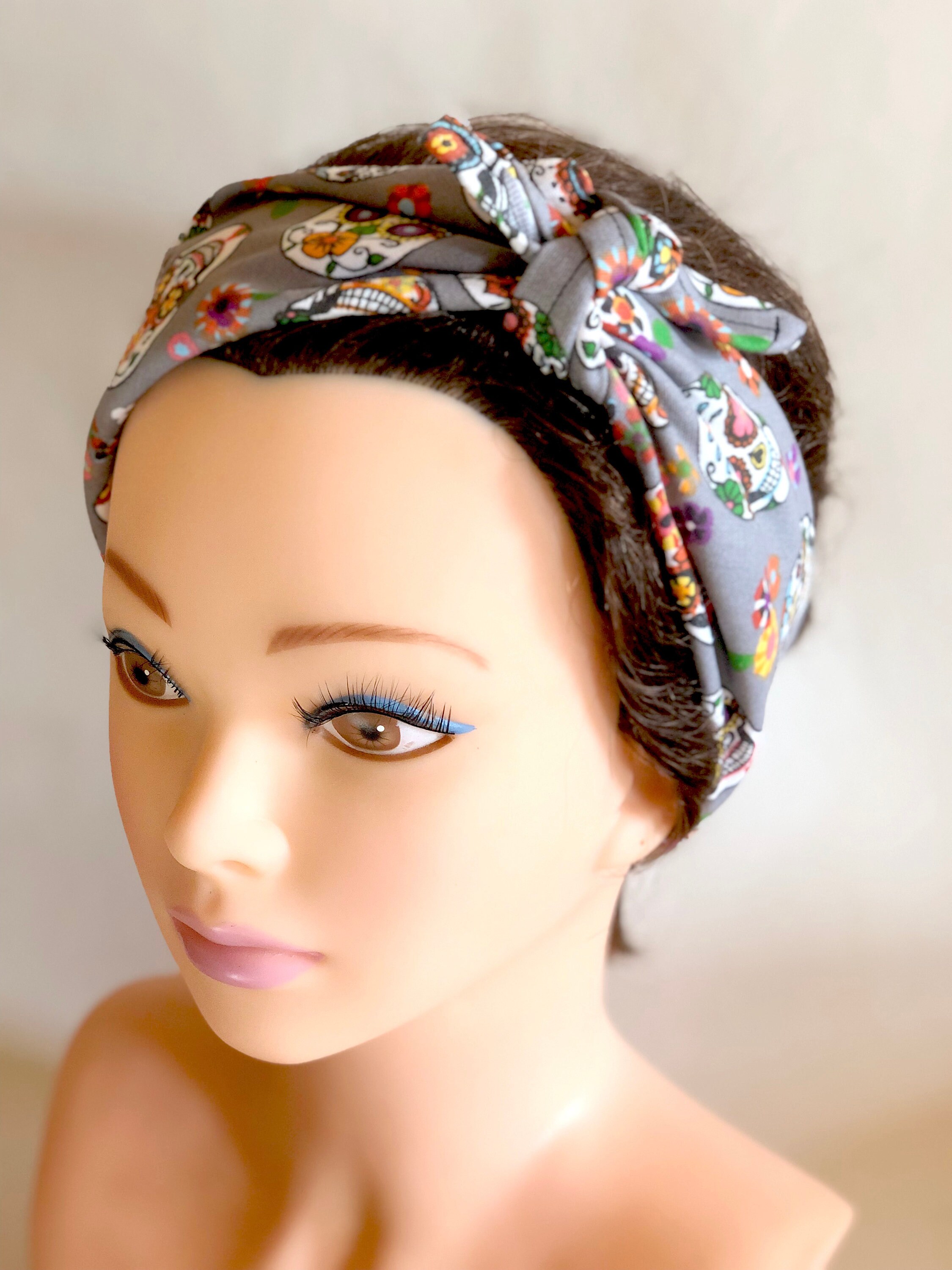 Sugar skulls Grey Bandana, Chemo Headwear Women, Head Scarf for Cancer