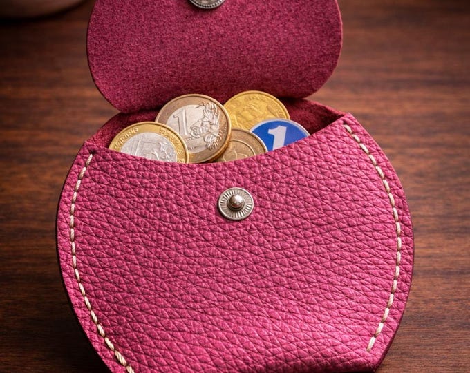 Leather Coin Purse & Small Wallet – Handmade Coin Wallet for Coins and Tokens – Minimalist Leather Pouch Keyring - pink