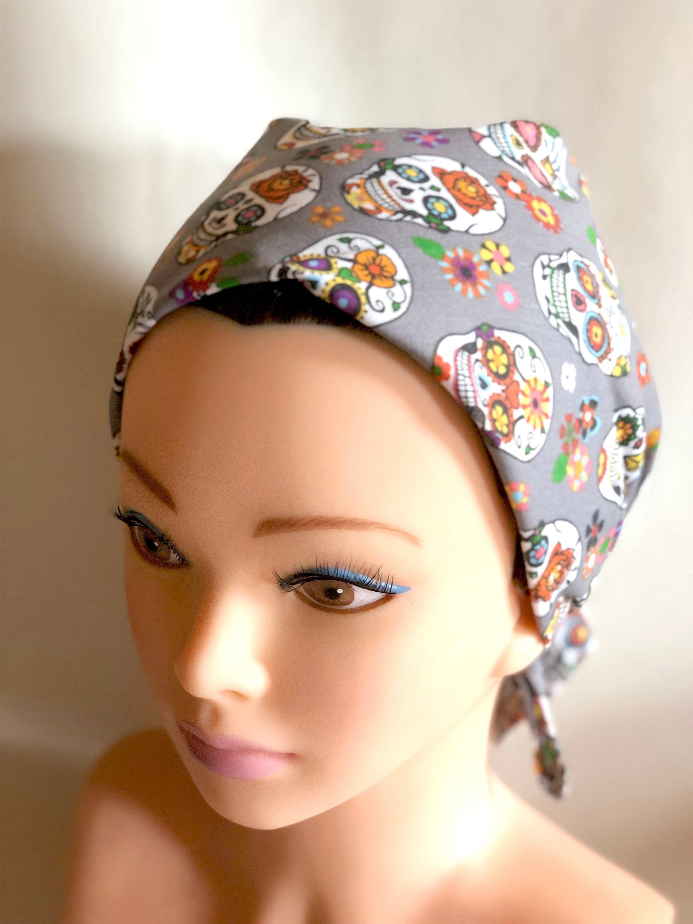 Sugar skulls Grey Bandana, Chemo Headwear Women, Head Scarf for Cancer Patients, Hair Wrap