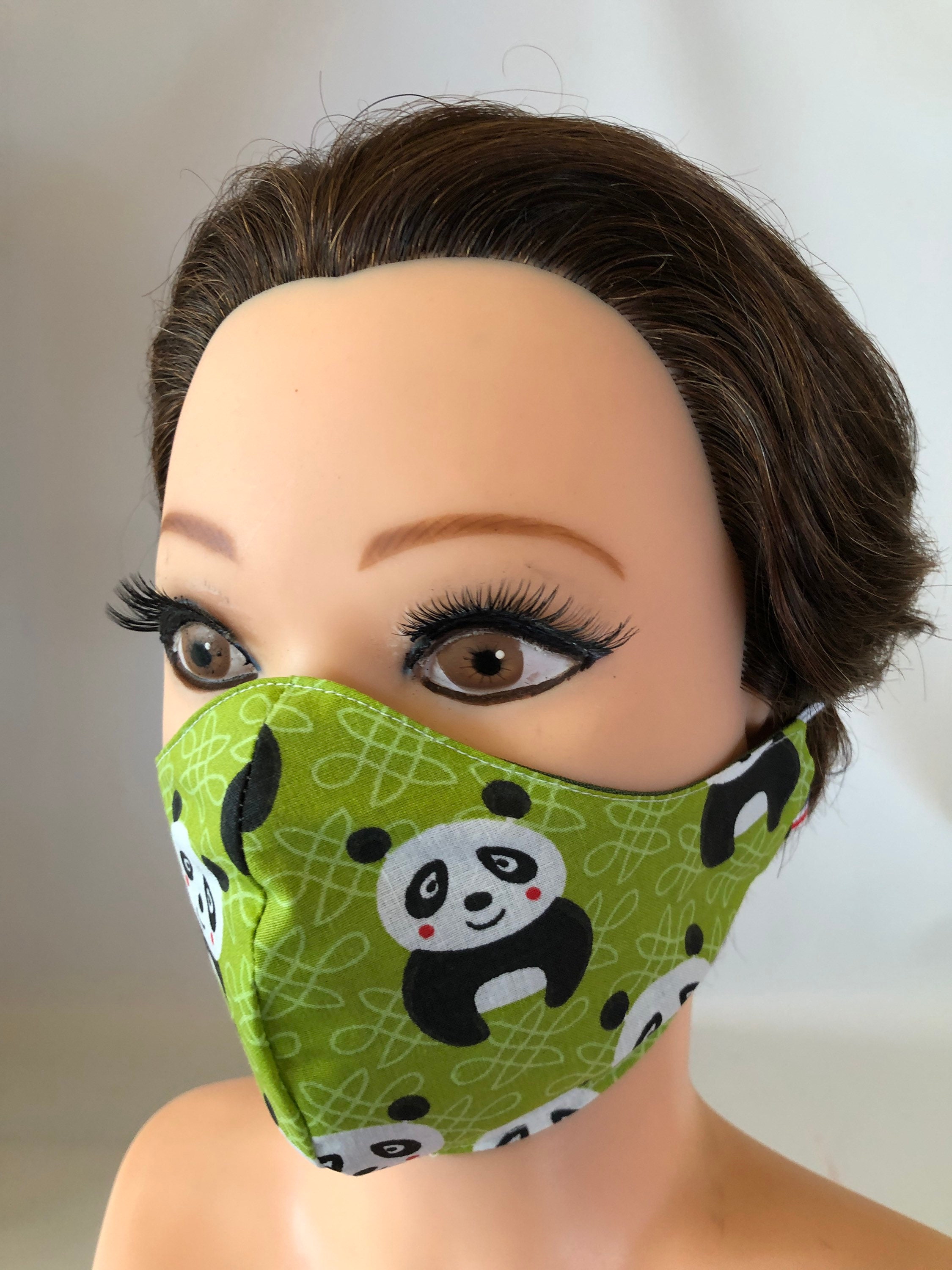 Washable 3 layers, Reversible Cotton Face Mask Pandas Green