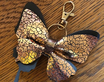 Gold grey Leather Butterfly Keychain, Butterfly Purse Charm, Butterfly Bag Charm, Leather Ornament, Christmas, Key Chain, Mother's Day