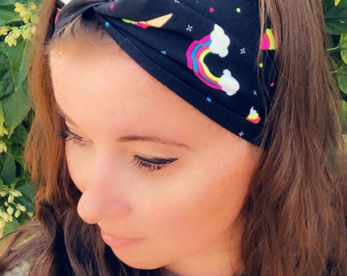 Black with unicorns and rainbows Knotted Headband, Turban Headband, Fabric Headband, Sports/Yoga headband, Mother’s Day Gift, Women’s Gift