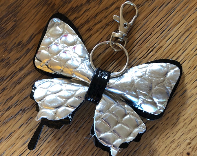 Silver black Leather Butterfly Keychain, Butterfly Purse Charm, Butterfly Bag Charm, Leather Ornament, Christmas, Key Chain, Mother's Day