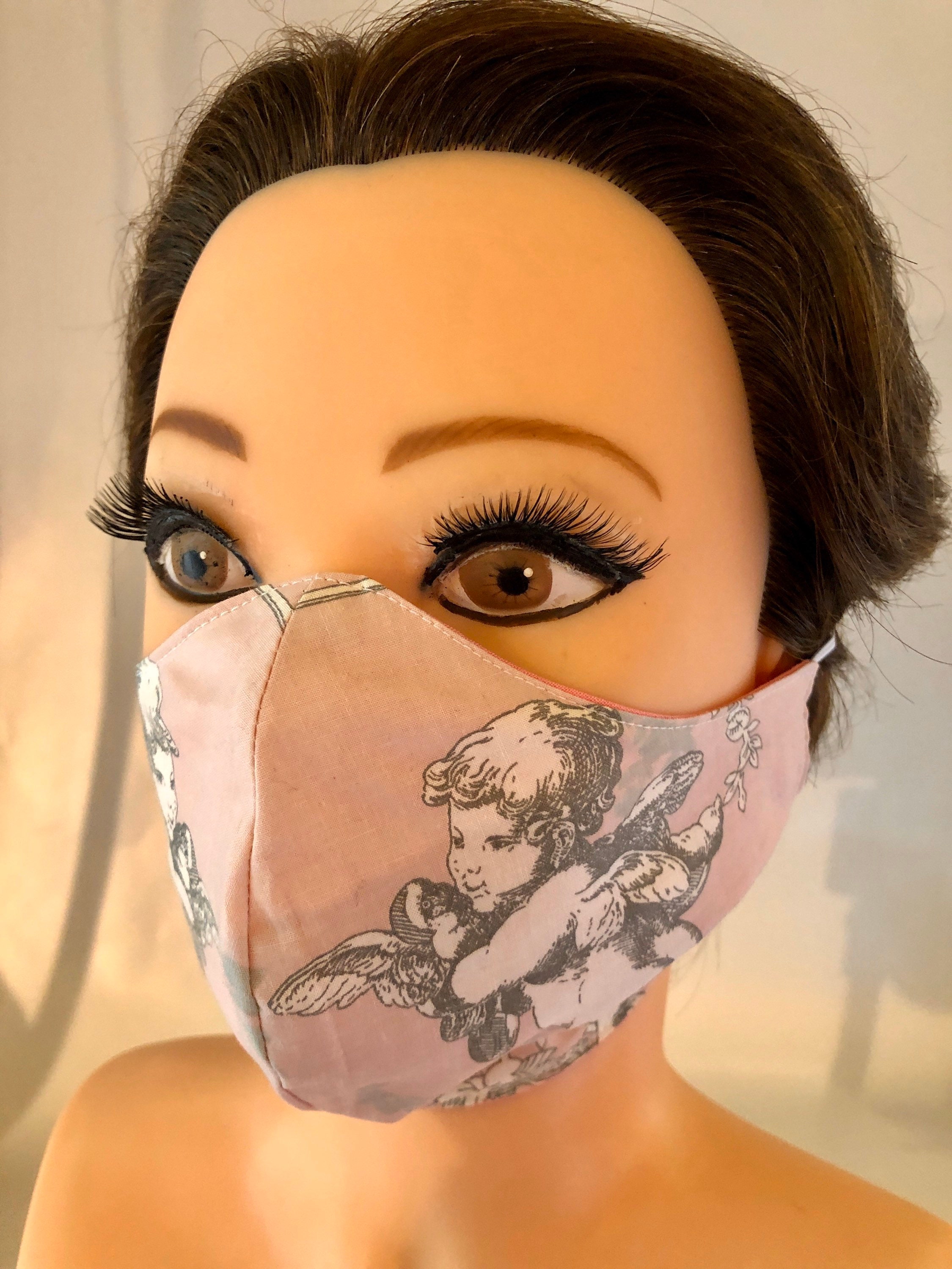 Washable 3 layers, Reversible Cotton Face Mask cherubs and pink