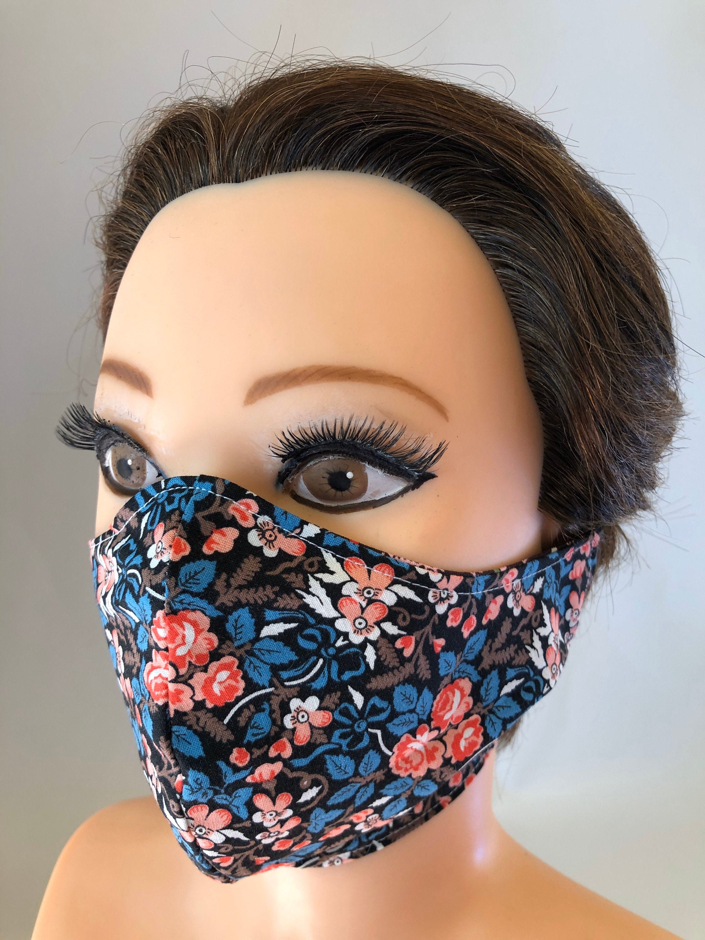 Washable, Reversible Cotton Face Mask Japanese cotton flowers dark