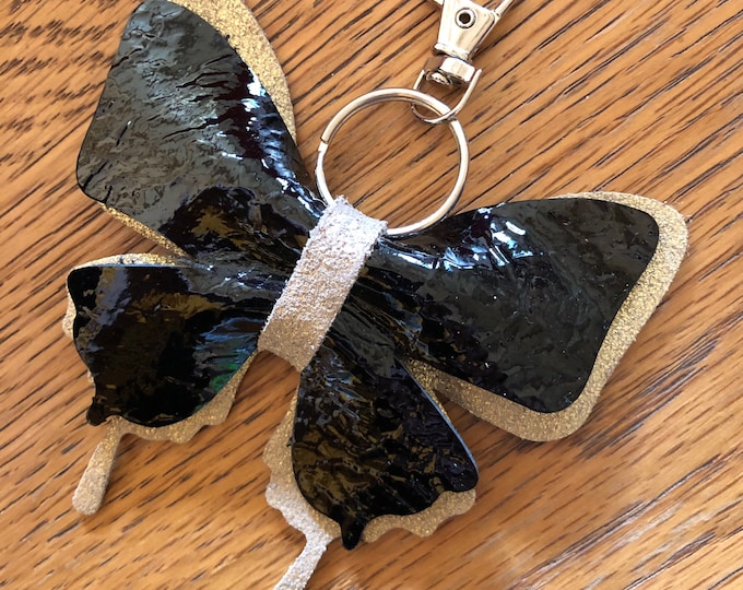 Black gold Leather Butterfly Keychain, Butterfly Purse Charm, Butterfly Bag Charm, Leather Ornament, Christmas, Key Chain, Mother's Day