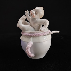 Vintage Hand Painted Baby Figural Mustard Pot Jam Jar circa 1900s Germany