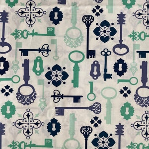 Secret Garden in Mint and Navy by Sandi Henderson for Michael Miller / Sold by the Yard / Lock & Key Fabric / Antique Key / Rare