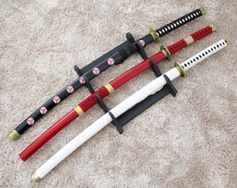 Pack 3 katanas Acier Carbone Decoration Epee Zoro Sabre Shusui Wado Kitetsu Epees + Support 3 Places Zoro Sword