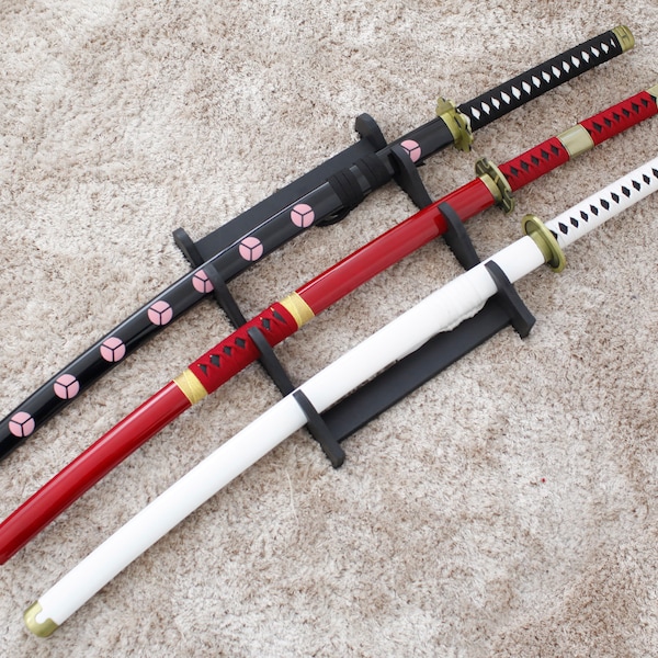 Pack 3 katanas Acier Carbone Decoration Epee Zoro Sabre Shusui Wado Kitetsu Epees + Support 3 Places Zoro Sword