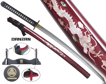 Danzan Katana Forgé Sabre Nagomu Epee Samourai Dragon Epee + Presentoir Inclus - Lame T10 Katana Samurai Sword
