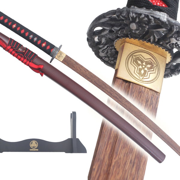 Danzan Katana Arashi Wooden Saber Training Sword - Wooden Blade Katana Samurai Wooden Katana + Wooden Display