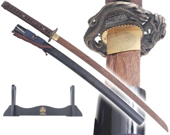 Danzan Katana Dragon Sabre en Bois Epee Entrainement - Lame Bois + Presentoir en Bois Inclus Wooden Sword Samurai Katana