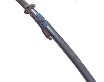 Wakizashi En Bois Lame Wenge - Sabre Japonais D'entraînement Avec Fourreau Gravé Dragon - Longueur 73 Cm - Support Inclus