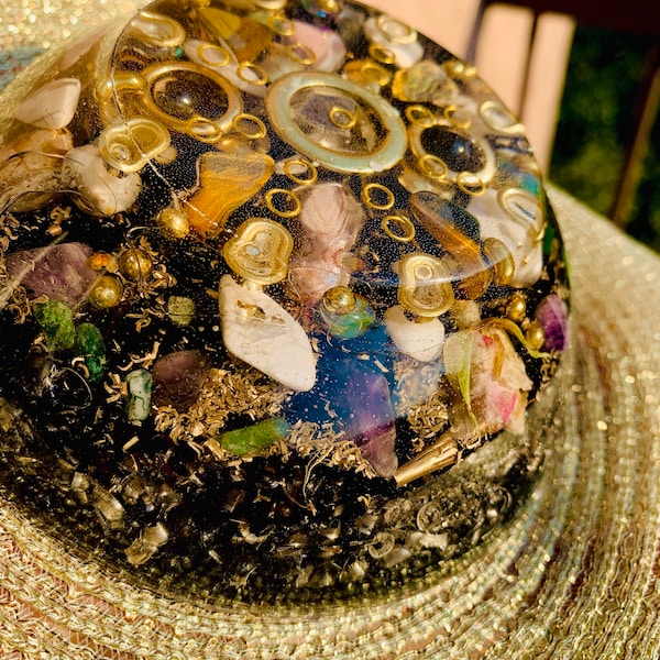 Orgonite plate with shungit, jasper mixed gemstones, brass rings, NICE GIFT