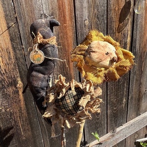 Primitive Fall Crow & Sunflower Pokes: Coffee-Stained Thanksgiving Picks