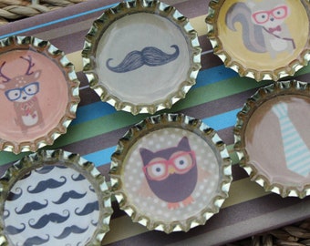 Manly Bottle Cap Magnets, Mustache Magnets, Animal Magnets, Decorative Magnets, Handmade Magnets, Fridge Magnets, Magnets