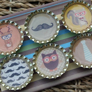 Manly Bottle Cap Magnets: Mustache, Animal Designs - Set of 6