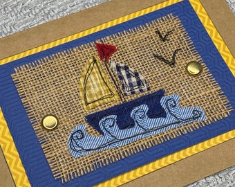 Tarjeta de velero: Tarjeta de felicitación bordada con temática oceánica para él