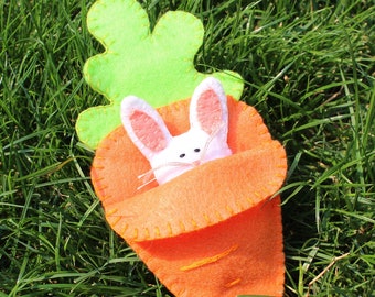 Felt Bunny in Carrot Pocket: Easter Plush Toy
