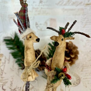 2 Tiny Primitive Reindeer, Reindeer Ornament, Christmas Ornament, Reindeer, Reindeer on a Stick, Reindeer Decoration, Primitive Reindeer