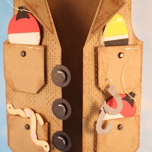 Carte de gilet de pêche, 4 couleurs au choix ! Carte fête des pères, carte papa, carte garçon, carte interactive, carte camping, carte grand-père, fête des mères