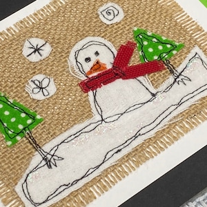 Schneemann Karte, Weihnachtskarte, Weihnachtskarte, Grußkarte, Freundschaftskarte, Urlaubskarte, Freie Bewegung, Textile Karte, Thinking of You Karte