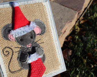 Holiday Mouse Card, Christmas Card, Blank Inside Card, Mouse Card, Seasonal Card, Holiday Card, Handmade Card, Free Motion Card, Cute Card