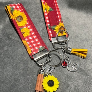 Charming Sunflower Key Fob Wristlet, Key Fob Wristlet, Key Fob with Charms, Keychain, Fabric Key Fob, Wrist Lanyard, Fabric Keychain