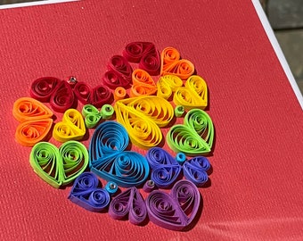 Quilled Rainbow Heart Card, Quilled Art, Greeting Card, Quilled Birthday Card, Valentine Card, Thinking of You Card, Unique Card, Blank Card