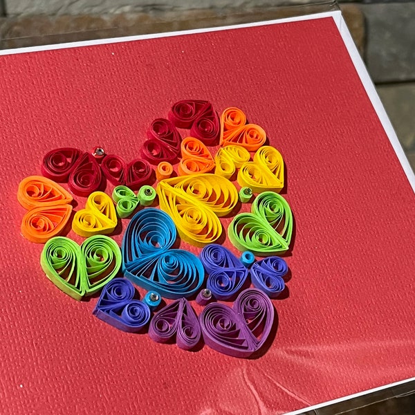 Quilled Rainbow Heart Card, Quilled Art, Greeting Card, Quilled Birthday Card, Valentine Card, Thinking of You Card, Unique Card, Blank Card