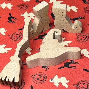 Witch Things, Wooden Broom, Scroll Saw Cuts, Unfinished Witch Boots, Small Witch Hat, Paintable, Halloween Decor, Bowl Filler, Tiered Tray
