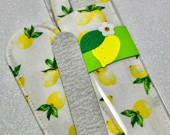 Porta-lixa de tecido com lixa: capa com estampa de limão
