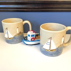 2 Otagiri Sailboat Coffee Mugs, Hand Painted Otagiri Japanese Pottery Mugs, Otagiri Lighthouse Mugs, Harbor Scene Mugs, Nautical Coffee Cups