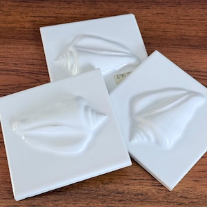 以下が含まれることがあります： 白い正方形のセラミックタイル3枚。 浮き彫りの貝殻のデザインが施されています。 タイルは茶色の木製の表面に配置されています。 貝殻のデザインは光沢があり、詳細で、3D効果を生み出しています。