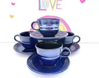 4 Vintage Cobalt Blue Fiesta Cups and Saucers, Homer Laughlin Fiestaware